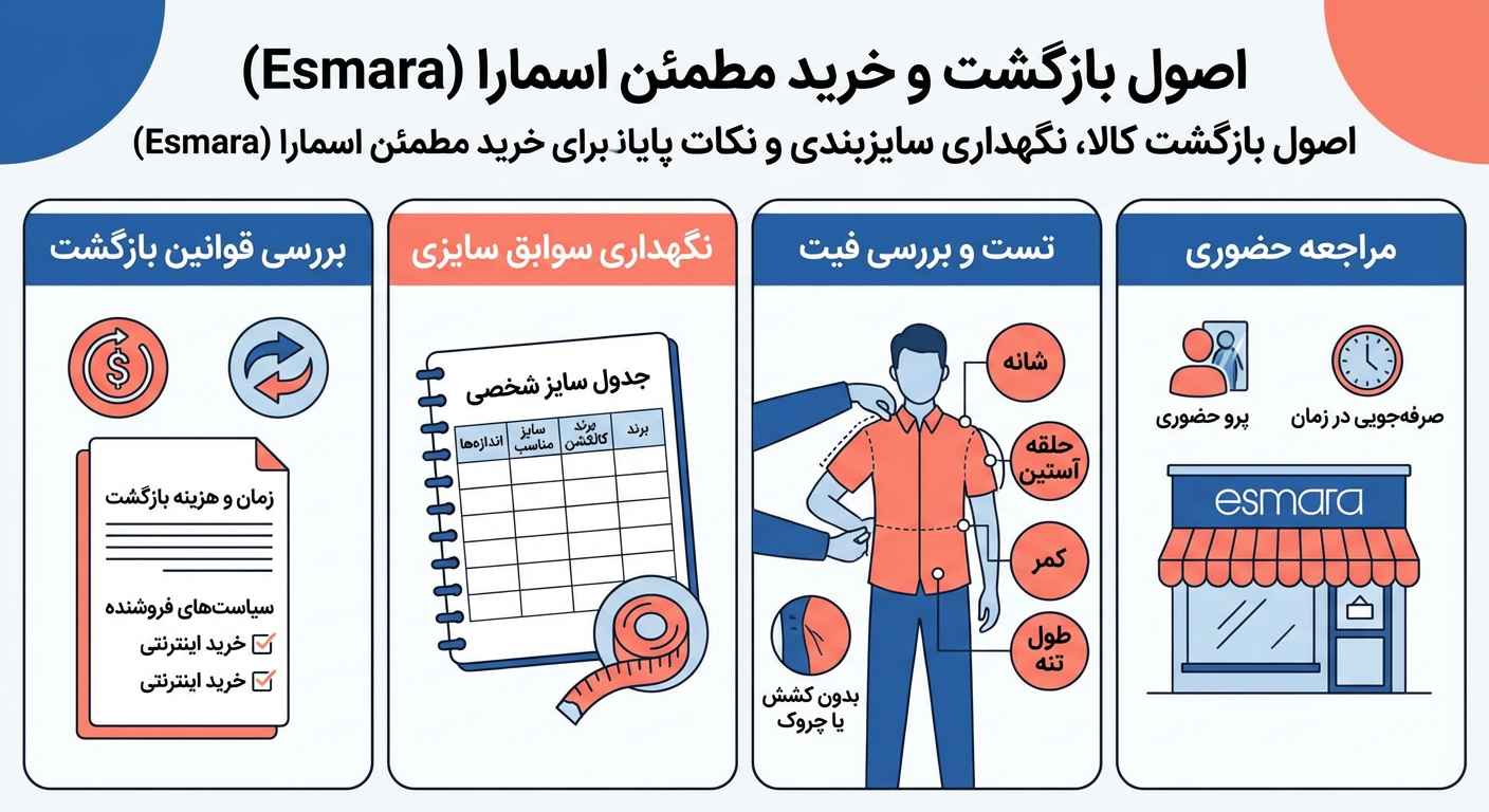 اصول بازگشت کالا، نگهداری سایزبندی و نکات پایانی برای خرید مطمئن