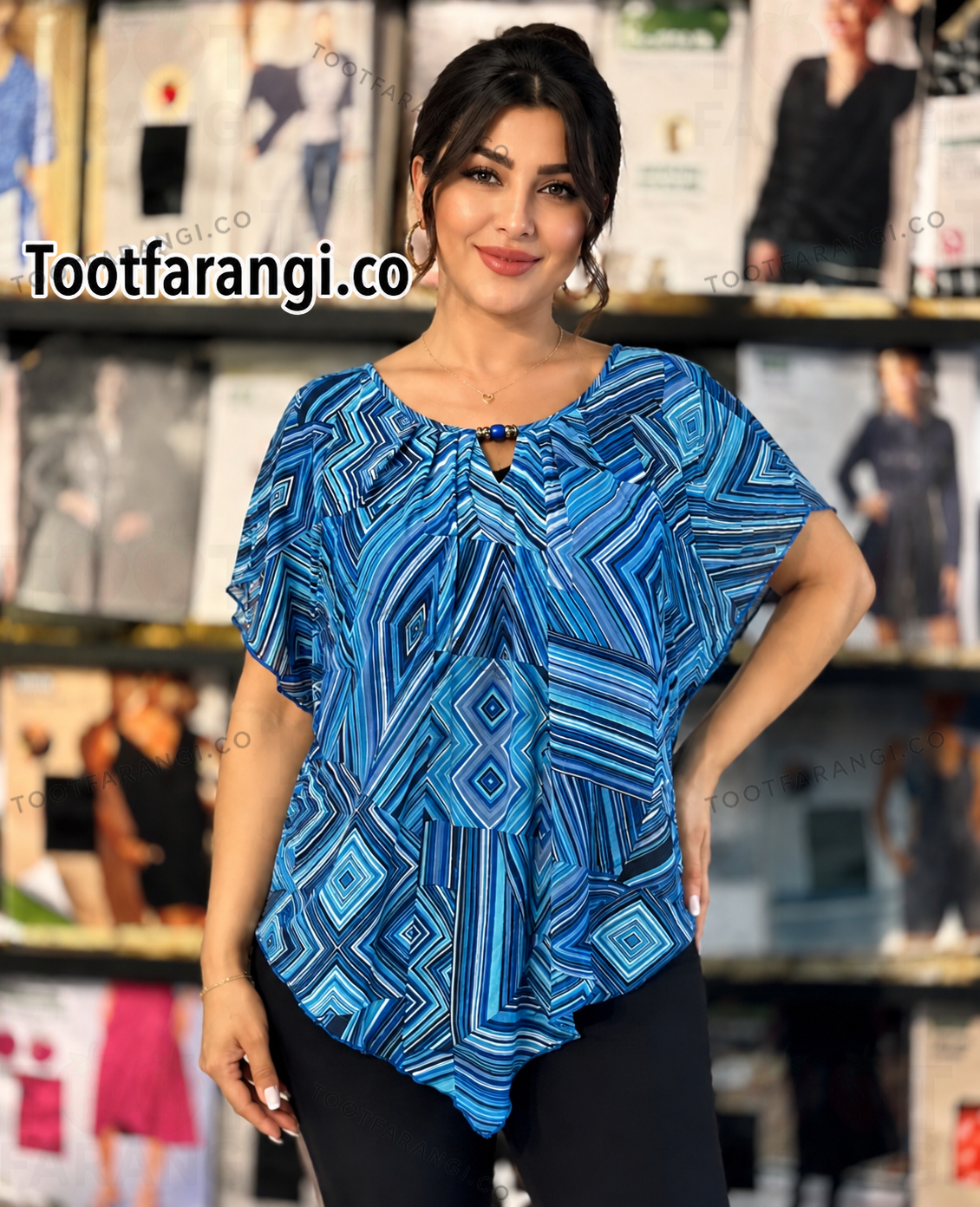 شومیز حریر زنانه طرح لاجوردی