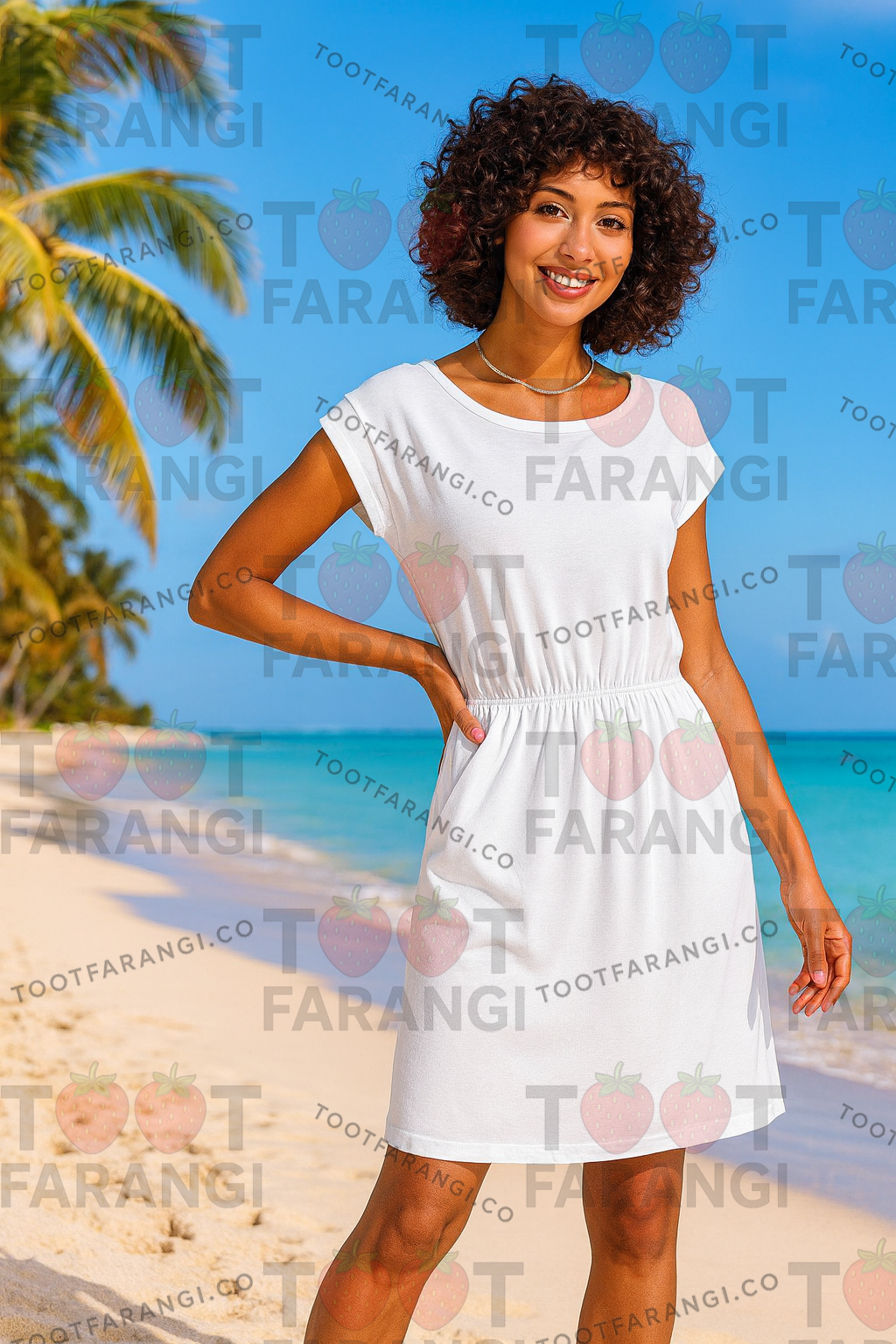 پیراهن آستین کوتاه کمرکش سفید