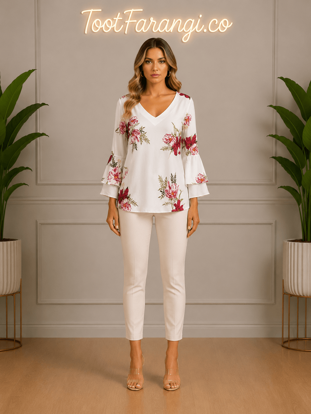 شومیز سفید گلدار برند LILY MAGAM