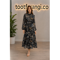 پیراهن مشکی حریر گلدار برند koton