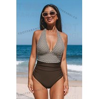 مایو یکسره دورنگ برند کاپشی