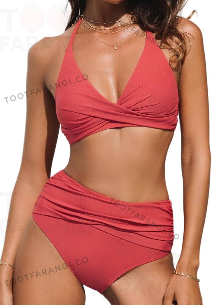 مایو دو تیکه آجری